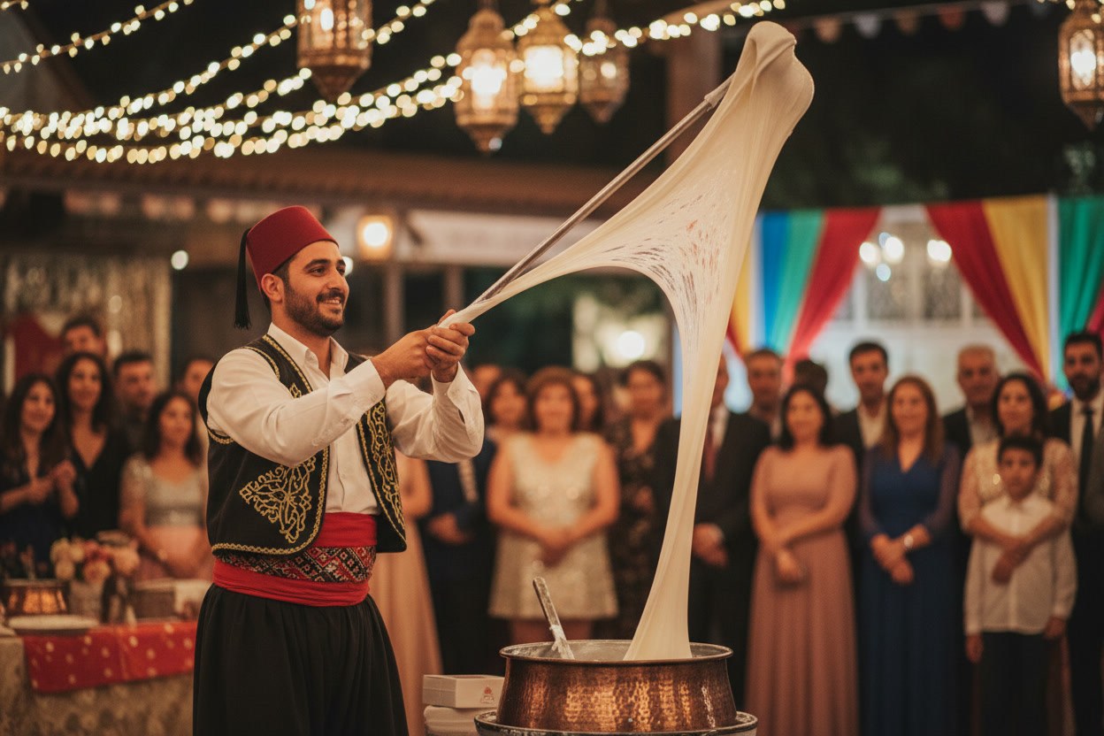 Sinan Karabulut, kurucu ve dondurma ustası, bakır kazandan dövme dondurma servis ederken